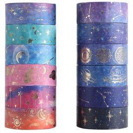 12 Rollos de Cinta Washi Galaxy, BetterJonny Cinta Adhesiva Decorativa de Lámina Dorada, Washi Tape para Álbumes de Recortes, Embalaje de Regalo, Manualidades