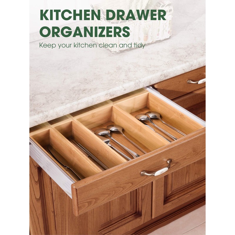 Kootek 8 Pcs Bamboo Drawer Organizer Utensil Tray Kitchen Storage