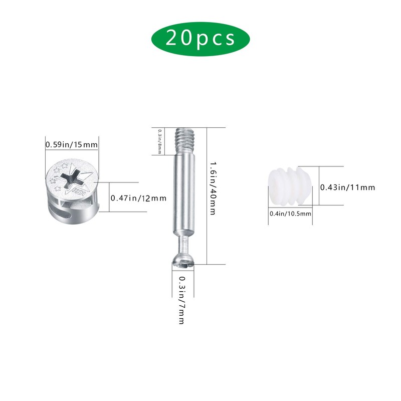 20PCS 3-in-1 Furniture Connection Kit, Eccentric Cam Lock Ø15mm and