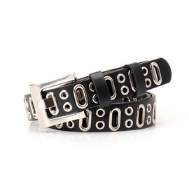 JAMAKALA Women Fashion Leather Belt, Metal Punk Studded Belt, Studded Rivet Double Grommet Belt for Women Men (Black, 43'')