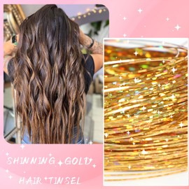 AIFIHIYI Hair Tinsel Kit with Tools 48 Inch 1200 Strands Gold Tinsel Hair Extensions Fairy Hair Tinsel Kit Heat Resistant Glitter Hair Extensions Tensile Hair Accessories for Girls Women (Gold)