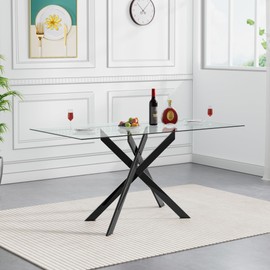 Henf 51'' Glass Dining Table for 2-4 People, Rectangle Kitchen Table w/Black Metal Legs, Dining Room Table Modern Dintte Table for Living Room Restaurant, Glass Kitchen Table for Compact Space