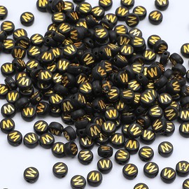 XIENBAOFU 100PCS Letter Beads,4X7mm Acrylic Alphabet Beads,Gold Black Letter W Beads Flat Round Alphabet Beads for Jewelry Making Bracelet Necklace Keychain DIY, SKU3023-W