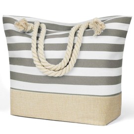 flintronic Beach Bag for Women with Zip, Large Waterproof Travel Tote Bags with Pockets, Girls Summer Shoulder Bag, Overnight Bag for Holiday, Shopping, Traveling-Splicing Design (Grey)