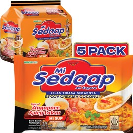 Singaporean Spicy Laksa Noodles (Pack of 5) — Creamy Coconut & Spicy Chili Instant Noodles — Mi Sedaap Halal Certified