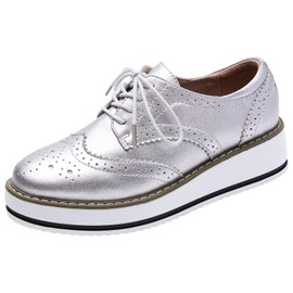 ANUFER Women's Lace-Up Brogues Trainers Shoes Causal Platform Creepers Silver Matte SN02887 UK7