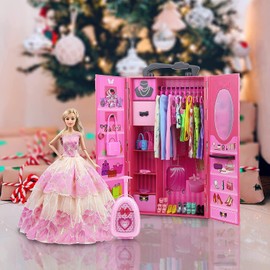 ZITA ELEMENT 101PCS Doll Dream Closet Wardrobe Set for 11.5 Inch Doll including Closet Wardrobe Suitcase Casual Clothes Gowns Swimsuits Mini Dresses Necklaces Shoes Bags Hangers