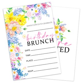 EULNNOI Birthday Brunch Invitations, Floral Birthday Invite Cards With Envelopes, 20 Fill-In Style Party Invitations For Women Girls, Party Supplies Favors Decorations-011
