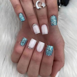 Press on Nails Medium Square SWEKKE Summer Fake Nails White Full Cover Blue Glitter Glue on Nails Rhinestones Glossy False Nails with Designs Acrylic Nails Artificial Nails for Women Girls 24Pcs