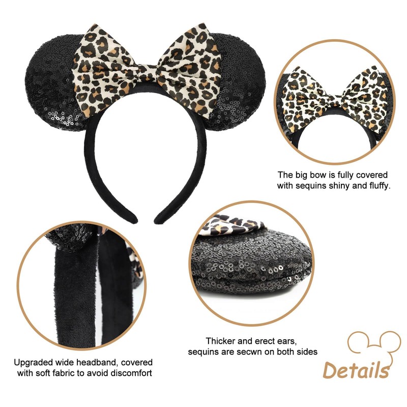 UNKJIN Mouse Ears Headband, Sequin Ears Headband with Leopard Bow,