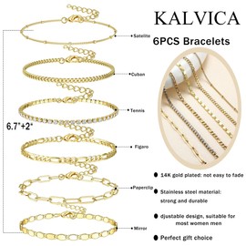 KALVICA Women's Gold Anklets Bracelet, Partner Bracelets Set, Bracelet, Jewellery, Adjustable Bracelet, Electroplated, 14 K Gold, Pack of 6, Stainless Steel