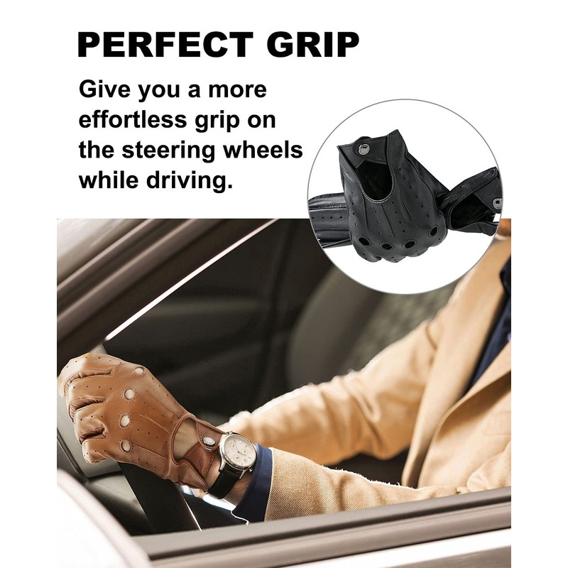 LIBO Genuine Leather Driving Gloves for Men Women, Unlined Full