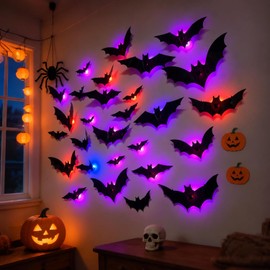 Halloween decoracion, 24 Pcs Murcielagos Halloween 3D, Murcielagos Decoracion de luminoso, Luz nocturna de murciélago de LED para Fiesta,Puerta,Ventanas (Murciélago-24PCS)