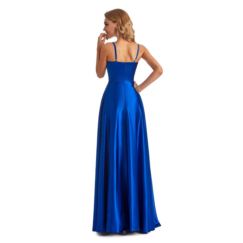 Lecureler Lecureler Satin Spaghetti Strap Prom Dress Navy Blue Size