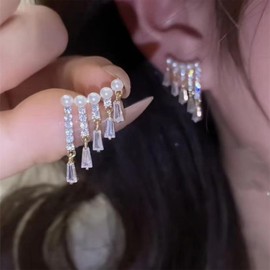 Iaceble Sparkly Rhinestone Tassel Dangle Earrings Pearl Ear Climber Earrings Gold Crystal Drop Earrings Cz Rhinestone Chain Earrings Wedding Bridal Earrings Jewelry for Women