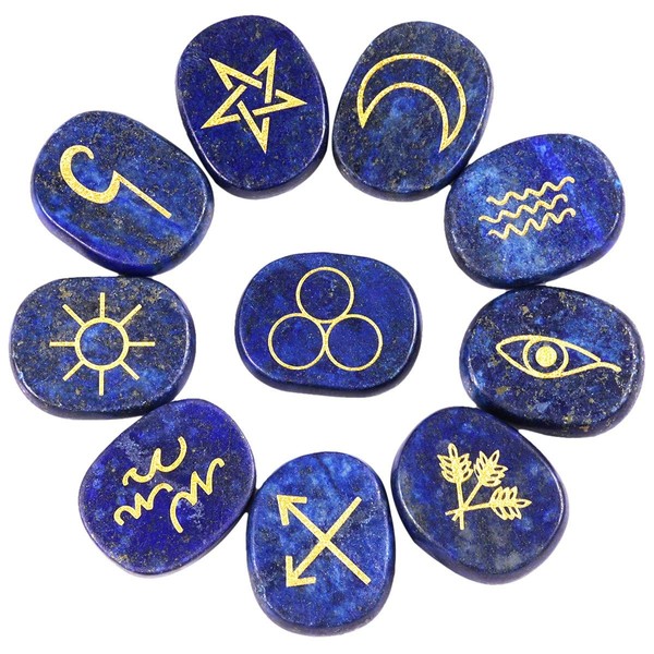 SUNYIK Natural Engraved Runes Stone Set of 10, Gypsy Symbols Healing Crystal Reiki Pocket Palm Stones Kit for Meditation Divination, Lapis Lazuli