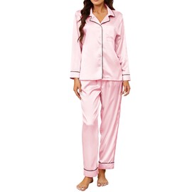 U2SKIIN Women Silk Pajamas Set, Long Sleeve Satin Pajamas for Women Sleepwear Button Down Pjs Set Two-piece(Pink, XL)