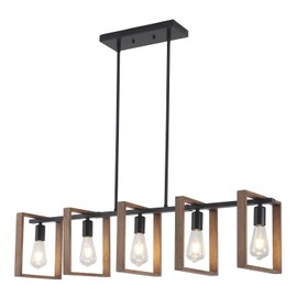 Jasopaco 5-Light Rustic Wooden Grain and Black Metal Rectangular Pendant Lighting,Farmhouse Kitchen Island Linear Chandelier,Adjustable Hanging Light Fixtures for Dining Room Bar(Bulbs Not Included)