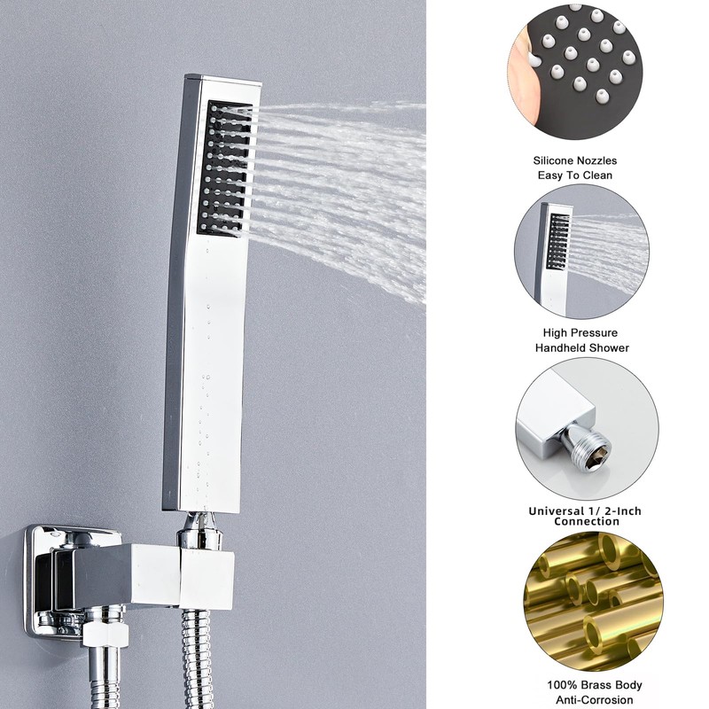 High Pressure Brass Handheld Shower Head,Square Shower Head with Wall