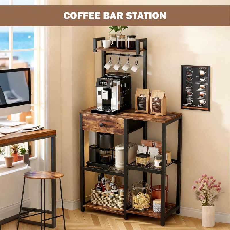 Bakers Rack with Storage,Microwave Stand with Drawer,6 Tier Coffee Bar