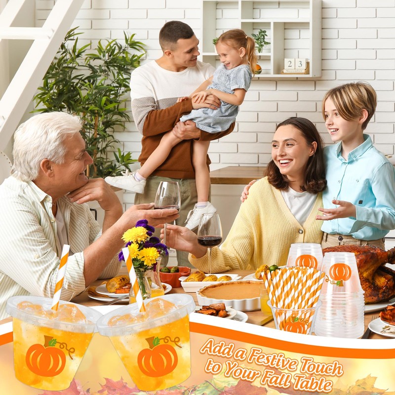 100Pcs Fall Pumpkin Disposable Plastic Cups with Lids and Straws