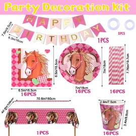 SunwE 103 Pieces Horse Birthday Decoration Party Tableware for 16 Guests, Pink Horse Party Tableware, Horse Party Balloons, Horses Birthday Tableware, Plates Paper Cups Cupcake Toppers Tablecloths