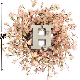 Pink Forsythia Door Wreath with “H”Letter Sign 24 Inch Winter Spring Front Door Wreath Blossom Cluster Flower Farmhouse Wreath on Grapevine for Festival Celebration Front Door Wall Window Home Decor