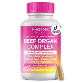 Pink Stork Beef Organ Supplement for Women | Grass-Fed Beef Liver Capsules with Iron, B12, CoQ10, Vitamin A | Primal Multivitamin for Female Hormone + Energy Support | 60 Capsules