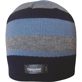 TeddyT's Boys Striped Design Thermal Knit Fleece Lined Thinsulate Winter Beanie Hat (Black Grey & Air Force Blue)