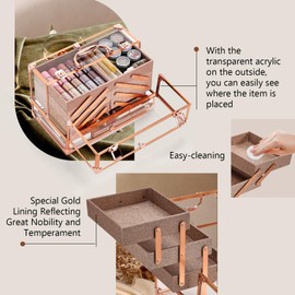 FRENESSA Makeup Train Case 11.8 Inch Acrylic Large 6 Tray Large Makeup Organizer Case Portable Cosmetic Storage Box for Makeup Artist Jewelry Nail Kits Crafts Beauty Makeup Display Case Rose Gold