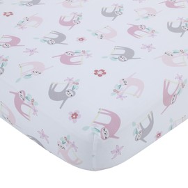 Little Love by NoJo Tropical Garden Pink, Grey, and White Sloth Super Soft Fitted Crib Sheet