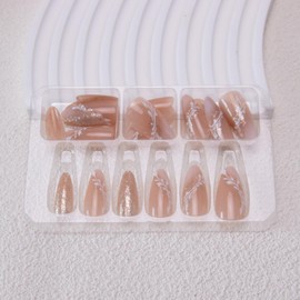 Almond Press on Nails Medium Length Fake Nails Nude Glitter Acrylic Nails Lace False Nails Nature Gradient Artificial Nails Glue on Nails for Women Manicure Nails Decoration 24Pcs