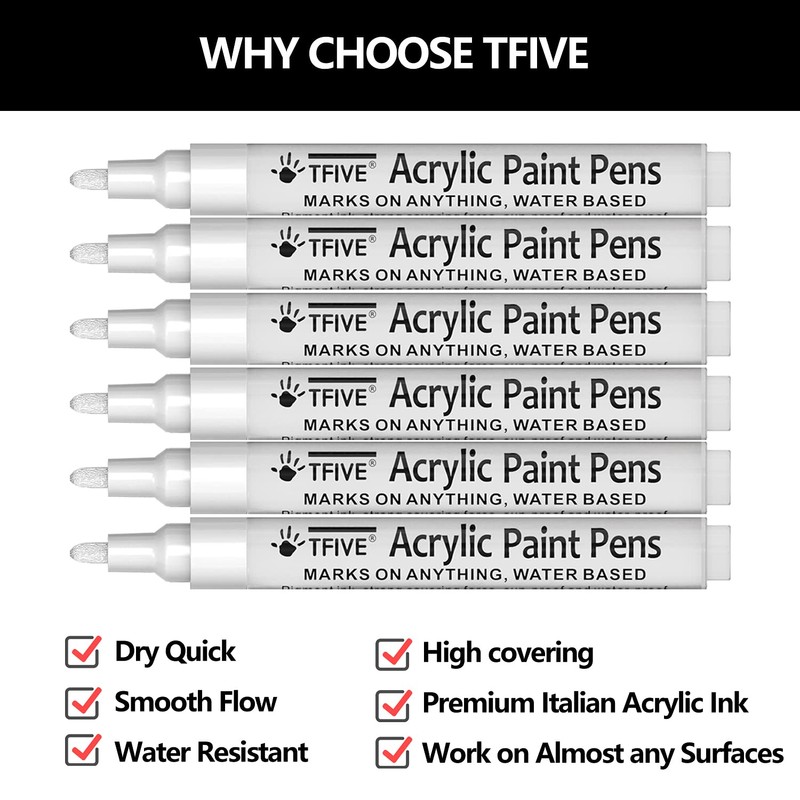 White Acrylic Paint Marker Pens - 2-3mm Medium Tip, 6