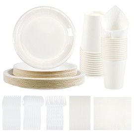 192 Pcs Paper Disposable Dinnerware Set for 24 Guests Tableware Set for Party Includes 24 Dinner Plates 9" 24 Dessert Plates 7" 24 Cups 24 Napkins 24 Straws 24 Plastic Forks 24 Spoons 24 Knives White