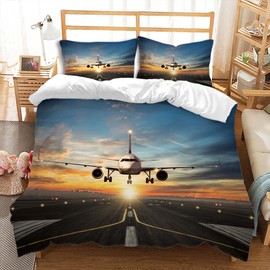 YAHFSHUILU Airplane Duvet Cover Sets 3D Print Comforter Cover Bright Orange Sunset Airplane Bedding Sets with Zipper Ties Vast Grey Runway Airplane Cover 2 Pillow Shams,Queen Size
