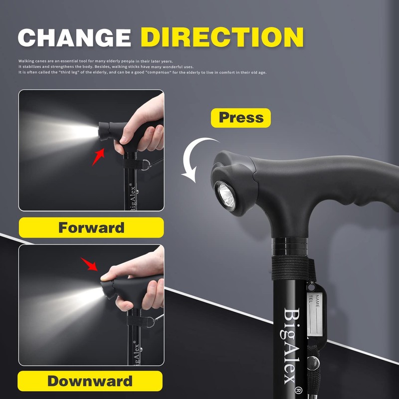 BigAlex Folding Walking Cane with LED Light,Pivoting Quad Base,Adjustable Walking