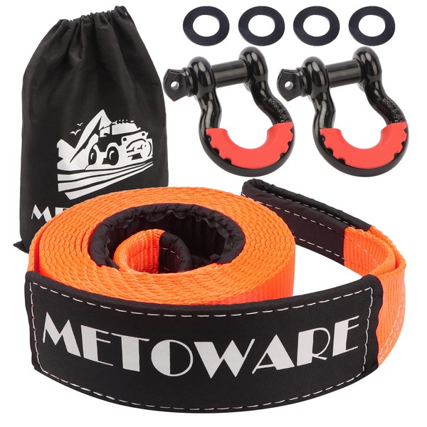METOWARE Heavy Duty Tow Strap Recovery Kit - 3" x 20ft(35,000lbs) Tree Saver Winch Strap + 3/4" D Ring Shackles(2pcs) + Storage Bag - Truck, SUV, ATV Off Road Towing Strap Kit