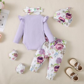 UUAISSO Baby Girls Clothes Sets with Princesses Letter Print Ruffle Long Sleeve Top Flower Pants and Hat Baby Outfits, purple
