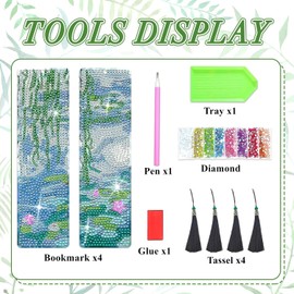 Diamond Painting Kits Bookmarks, 4 PCS Monet Water Lilies Diamond Art Acrylic Bookmarks with Tassel, Bookmarks Kits Gift for Reader Crafts Lovers