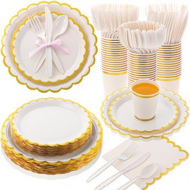 Ziliny 350 Pcs Ivory and Gold Foil Plates and Napkins, 50 Guest Spring Party Supplies Include Gold Foil Scalloped Paper Plates Napkins Cups Plastic Spoons Forks Knives for Birthday Baby Shower