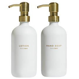 MaisoNovo Glass Soap Dispenser | Vintage Soap Dispenser Bathroom and Kitchen Set w.Dish Soap Hand Soap and Lotion Dispenser Set Waterproof Labels | Whiter Bottles - Gold Soap Pumps Dispenser Set of 2