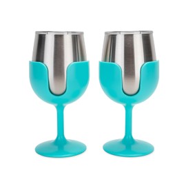 Camco Life is Better at The Campsite Stainless Steel Wine Tumbler 2-Pack - Features Heavy Duty Double Wall Vacuum Insulation & Removable Navy, Red, Green & Yellow Stems - Holds 8-oz Each - Blue(53484)