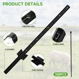 LYDTICK 10Pack Fence Posts 3Ft in Bulk, Metal Fence Stakes Black Fencing Pole Heavy Duty T Post for Garden Wire Fencing, Black