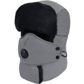 Winter Trapper Hat for Men & Women, Trooper Hunting Russian Fur Hat with Ear Flap & Mask Ushanka Aviator Hat for Cold Weather Grey