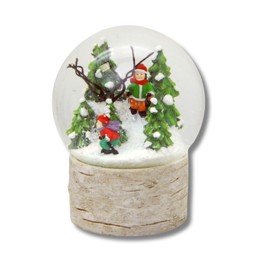 20162 Snow Globe Skier Skiing Winter Forest Nostalgia Base Wood Look Country House Country Line Round Diameter 100 mm