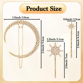 9 Pcs Moon Star Hair Clips Gold Stars Hair Pins Crystal Celestial Hairs Accessories Rhinestone Goddess Hairs Accessory Sparkly Crystal Decorative Bobby Pins for Women Girl Wedding Prom Christmas Party