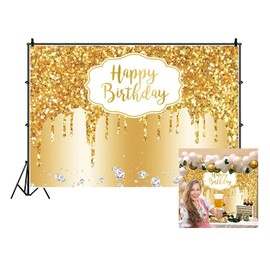 Baocicco 7x5ft Gold Happy Birthday Backdrop Modern Luxury Glitter Diamond Photography Background for Women Girls Sweet Princess Birthday Party Bridal Shower Decor Banner Supplies Photo Booth Props