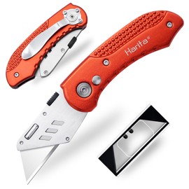 Folding Box Cutter Heavy Duty Utility Knife, Razor Knife, Lightweight Aluminum Handle, Back-lock Mechanism, Stainless Belt Clip, with 5-piece Extra SK5 Blades, for Carpet, Carton, Box, Cardboard Red
