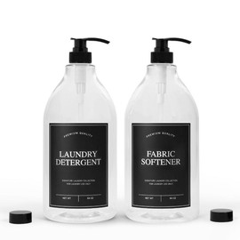 Calindiana Laundry Liquid Detergent Dispenser for Laundry Room Organization, Clear 64oz PET Plastic Landry Soap Containers with Black Water Resistant Labels, Pumps and Screw Caps, Collapsible Funnel - Color: CLEAR/WHITE LABELS