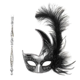 ILOVEMASKS Silver Black Fancy Side Feather Women's Party Masquerade with Stick Venetian Mardi Gras Prom Ball Masquerade Costume Handheld Stick Mask Masquerade on Stick Half Face Women's Carnival Mask